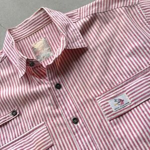 Vintage Fly Fishing Shirt Mens L Red Hickory Stripe Thick Cotton Bush Pilot USA
